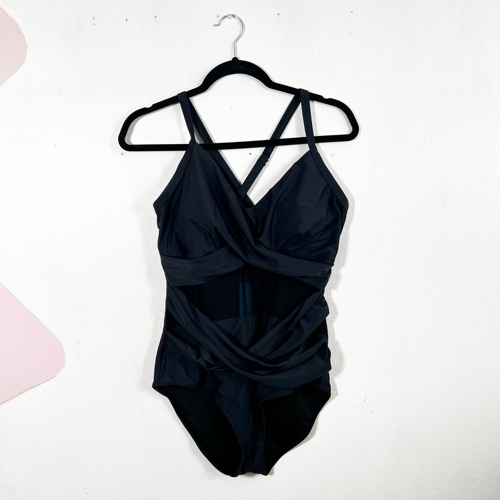 Black One Piece Swimsuit Women XL NEW! Mesh Cutout Tummy Control